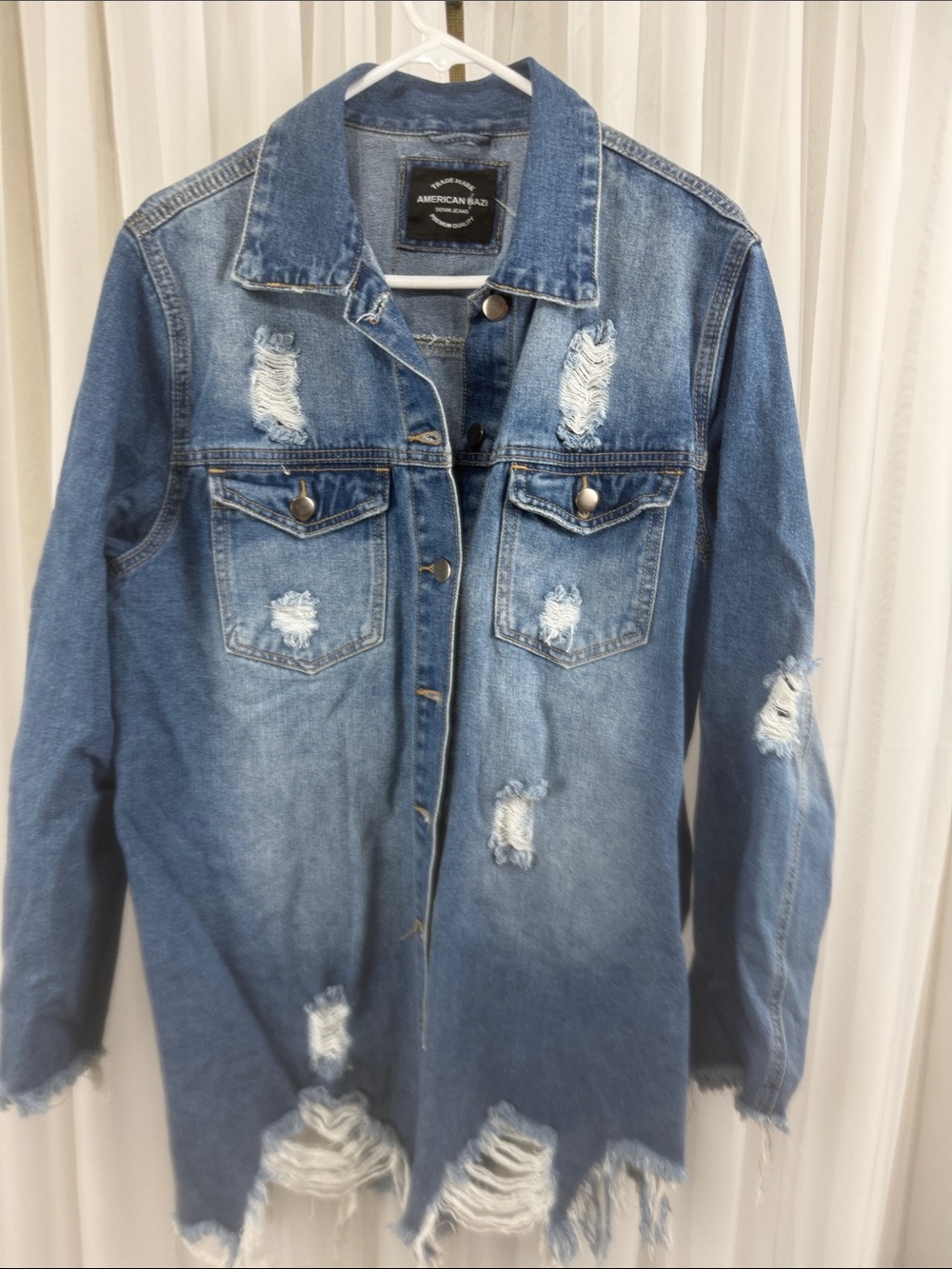 American Bazi Distressed Longline Denim Jacket Raw Frayed Hem